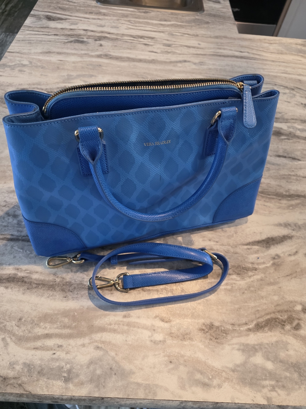 Vera Bradley Ikat Diamonds Blue Emma Satchel Leather Bag Used.